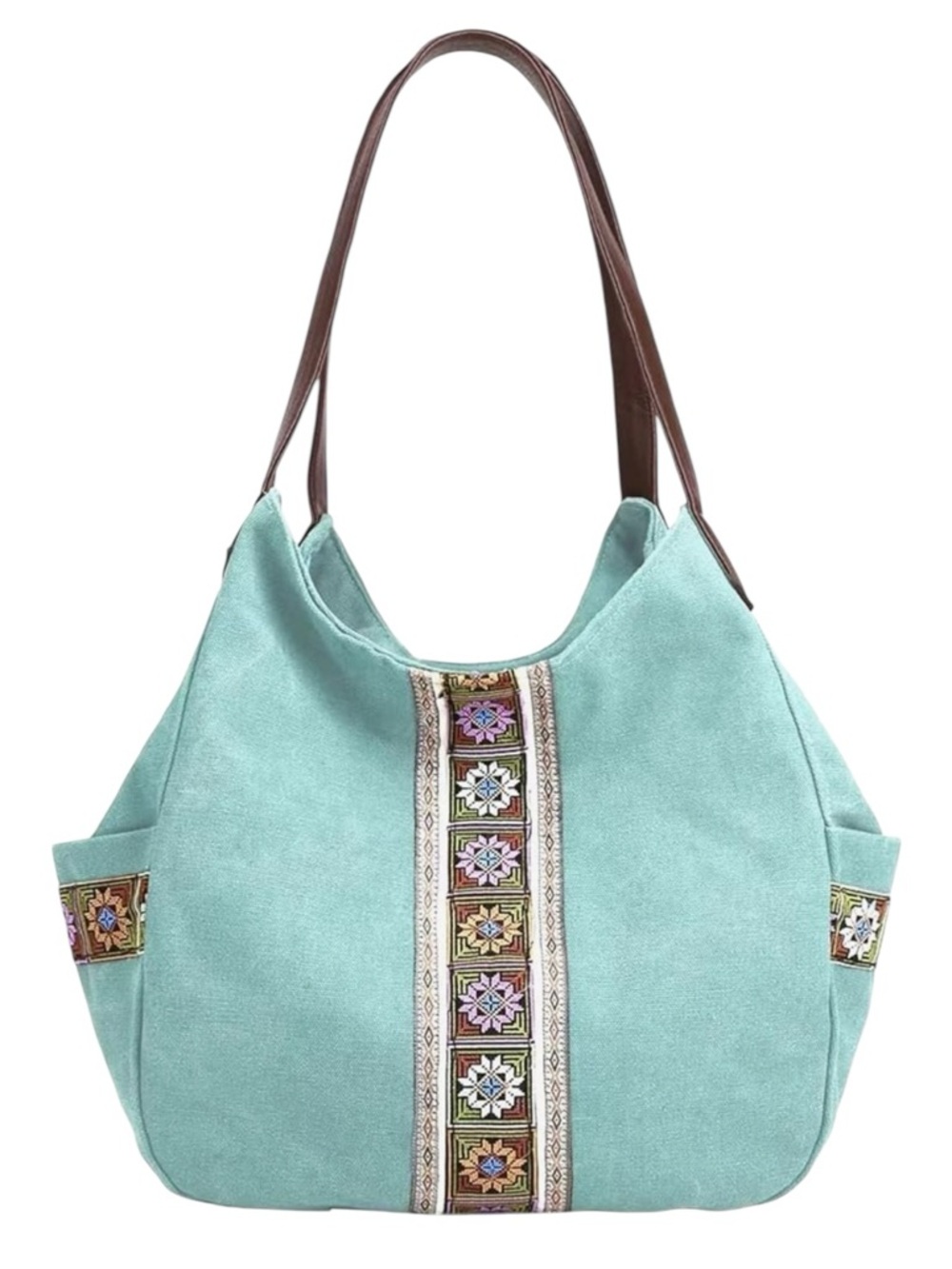 Bohemian Embroidered Tote Bag w/ side pockets Aqua Turquoise color NWT